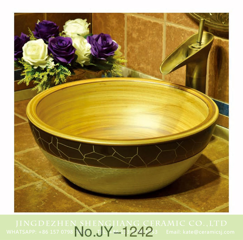 SJJY-1242-31仿古腰鼓盆_08 Shengjiang factory direct wood color ceramic with crack pattern surface wash sink    SJJY-1242-31 - shengjiang  ceramic  factory   porcelain art hand basin wash sink