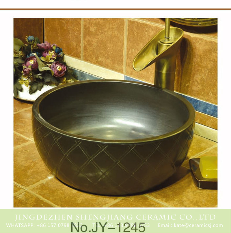 SJJY-1245-31仿古腰鼓盆_11 China conventional retro style dark color ceramic and hand carved check design surface wash sink    SJJY-1245-31 - shengjiang  ceramic  factory   porcelain art hand basin wash sink