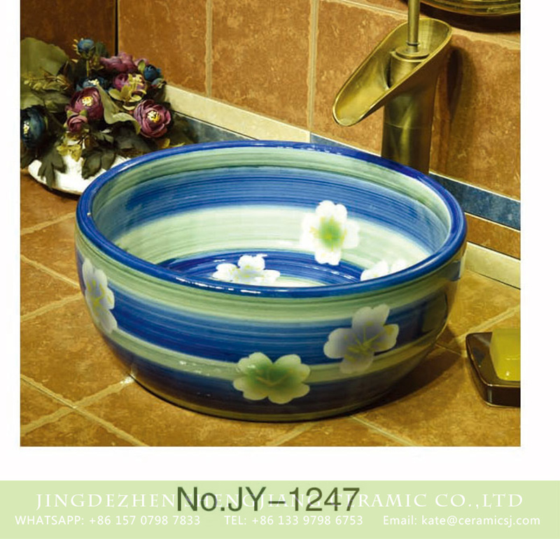 SJJY-1247-31仿古腰鼓盆_13 Hot sale blue and green glazed ceramic with white flowers pattern wash basin    SJJY-1247-31 - shengjiang  ceramic  factory   porcelain art hand basin wash sink