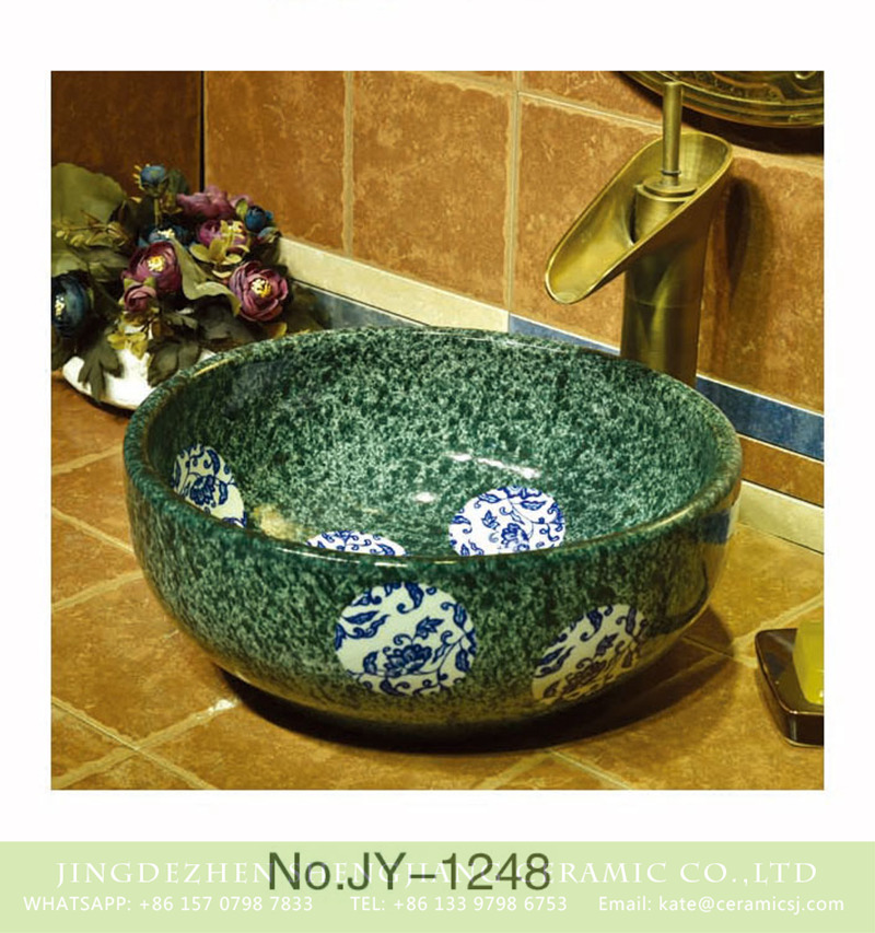 SJJY-1248-31仿古腰鼓盆_14 Shengjiang factory seaweed green color porcelain with blue and white round pattern vanity basin    SJJY-1248-31 - shengjiang  ceramic  factory   porcelain art hand basin wash sink