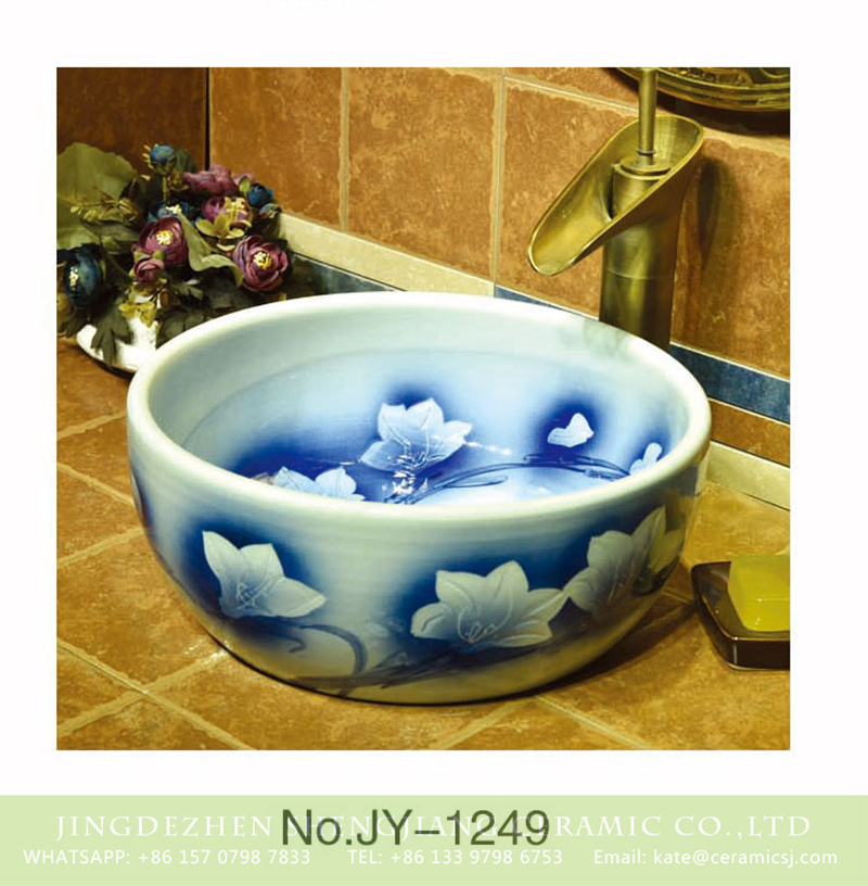 SJJY-1249-31仿古腰鼓盆_17 Large bulk sale factory outlet white color ceramic and blue outline flowers pattern wash sink    SJJY-1249-31 - shengjiang  ceramic  factory   porcelain art hand basin wash sink