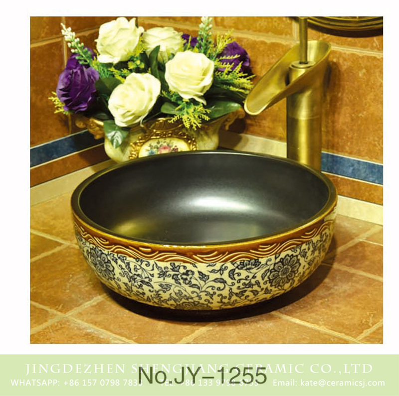 SJJY-1255-32卅五厘米_09 Made in China matte color inside and blue and white flowers pattern surface wash sink    SJJY-1255-32 - shengjiang  ceramic  factory   porcelain art hand basin wash sink