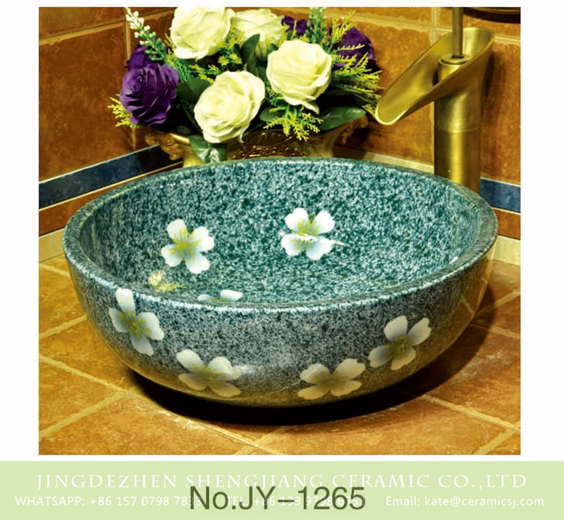 SJJY-1265-33仿古碗盆_07 Large bulk sale turquoise ceramic with white beautiful flowers pattern wash hand basin    SJJY-1265-33 - shengjiang  ceramic  factory   porcelain art hand basin wash sink