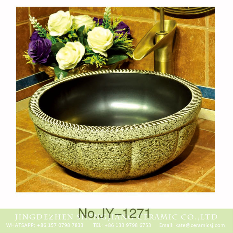 SJJY-1271-33仿古碗盆_13 Hot sale new product black inner wall and marble surface floral ceramic sink    SJJY-1271-33 - shengjiang  ceramic  factory   porcelain art hand basin wash sink