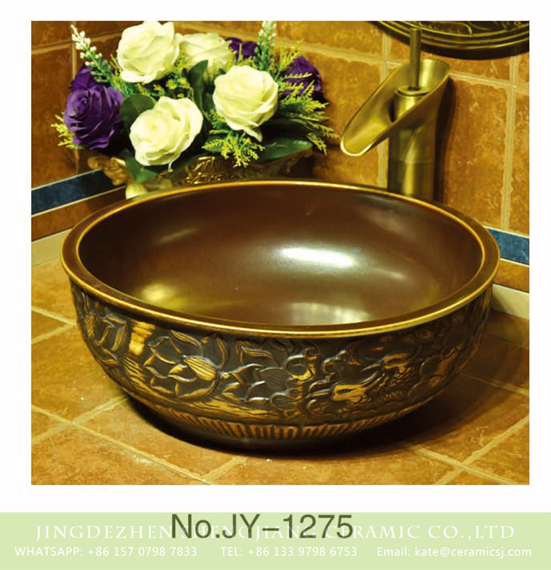 SJJY-1275-34仿古碗盆_04 Chinoiserie vintage style brown color with hand craft delicate flowers and phoenix pattern sinks     SJJY-1275-34 - shengjiang  ceramic  factory   porcelain art hand basin wash sink