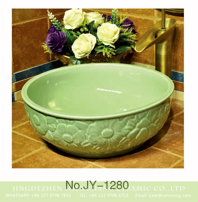 SJJY-1280-34仿古碗盆_10 Jingdezhen wholesale green color porcelain with hand carved flowers pattern wash basin    SJJY-1280-34 - shengjiang  ceramic  factory   porcelain art hand basin wash sink