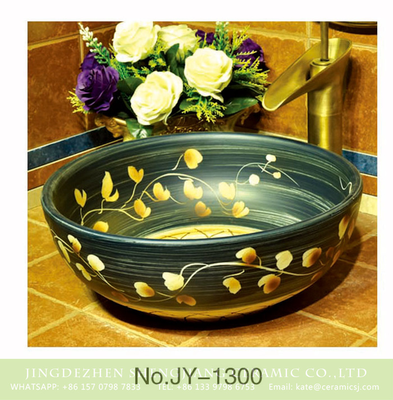 SJJY-1300-36仿古碗盆_05 China traditional high quality black porcelain with hand painted yellow flowers pattern wash sink    SJJY-1300-36 - shengjiang  ceramic  factory   porcelain art hand basin wash sink
