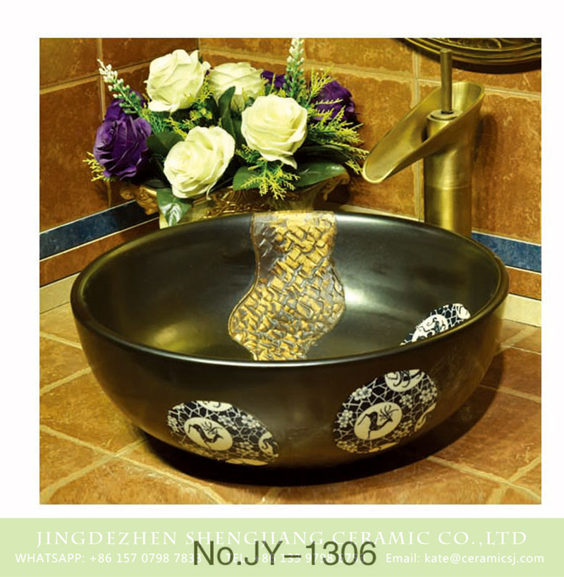 SJJY-1306-36仿古碗盆_12 Hot sale matte black color porcelain with deer pattern vanity basin    SJJY-1306-36 - shengjiang  ceramic  factory   porcelain art hand basin wash sink