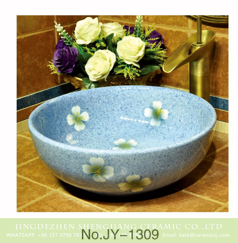 SJJY-1309-36仿古碗盆_15 Modern style blue color with flowers pattern round wash basin    SJJY-1309-36 - shengjiang  ceramic  factory   porcelain art hand basin wash sink