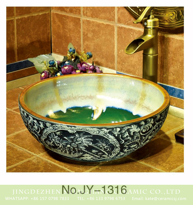 SJJY-1316-37仿古碗盆_10 Pure hand painted color glazed inner wall and exquisite pattern surface art vanity basin    SJJY-1316-37 - shengjiang  ceramic  factory   porcelain art hand basin wash sink