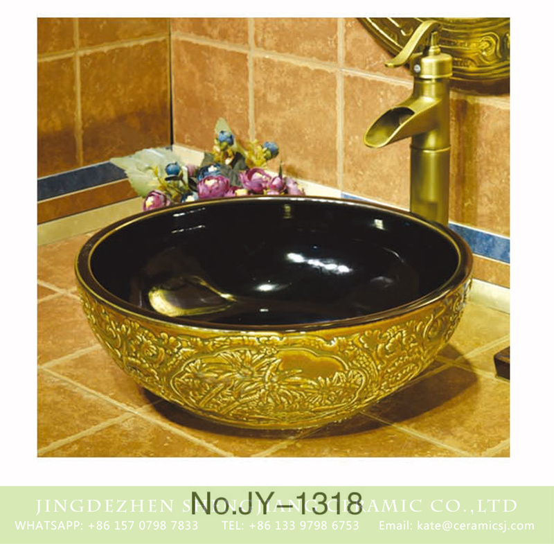SJJY-1318-37仿古碗盆_12 European style smooth black inside and gold hand craft pattern surface art wash sink     SJJY-1318-37 - shengjiang  ceramic  factory   porcelain art hand basin wash sink
