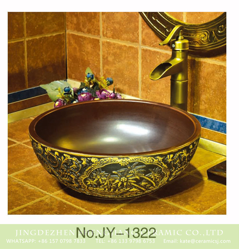 SJJY-1322-39仿古碗盆_03 Retro style porcelain brown color inner wall and delicate pattern surface sanitary ware    SJJY-1322-39 - shengjiang  ceramic  factory   porcelain art hand basin wash sink