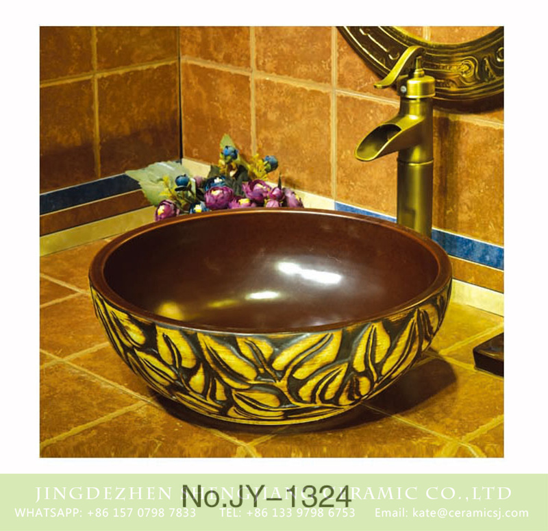 SJJY-1324-39仿古碗盆_05 Shengjiang factory produce brown color with leaves pattern round art wash basin     SJJY-1324-39 - shengjiang  ceramic  factory   porcelain art hand basin wash sink