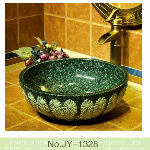 Large bulk sale smooth ceramic deep green color with hand painted unique pattern wash sink    SJJY-1328-39