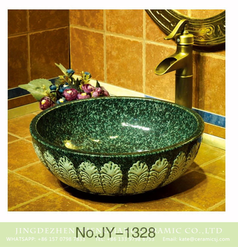 SJJY-1328-39仿古碗盆_10 Large bulk sale smooth ceramic deep green color with hand painted unique pattern wash sink    SJJY-1328-39 - shengjiang  ceramic  factory   porcelain art hand basin wash sink