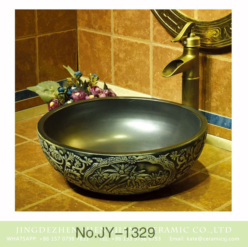 SJJY-1329-39仿古碗盆_11 Jingdezhen wholesale matte black color with hand carved exquisite pattern sanitary ware    SJJY-1329-39 - shengjiang  ceramic  factory   porcelain art hand basin wash sink