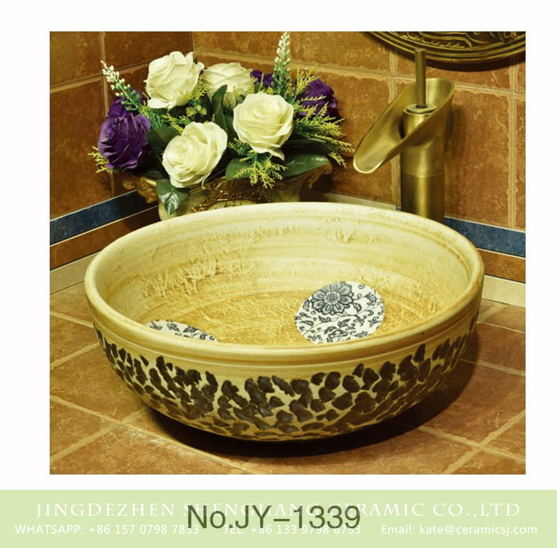 SJJY-1339-40仿古碗盆_09 Pure hand carved knife stroke ceramic with flowers pattern wash basin    SJJY-1339-40 - shengjiang  ceramic  factory   porcelain art hand basin wash sink