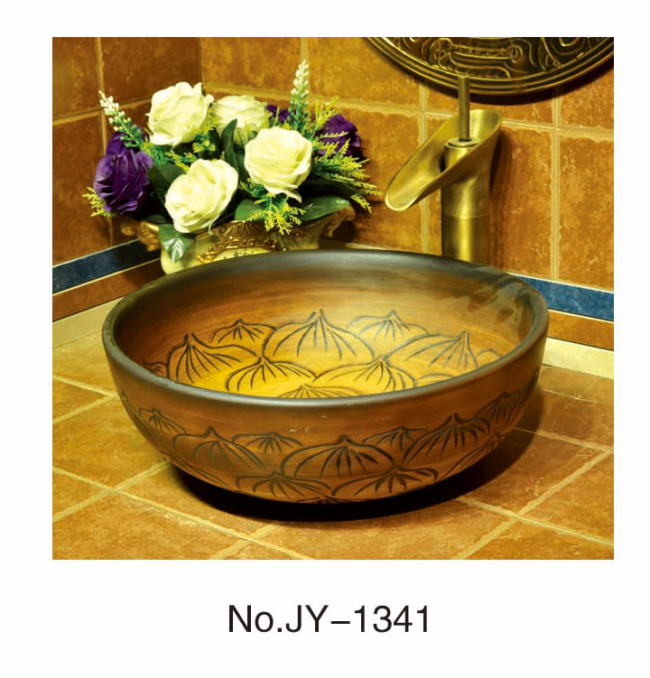 SJJY-1341-40仿古碗盆_12 Jingdezhen wholesale deep brown color porcelain with hand carved design wash basin    SJJY-1341-40 - shengjiang  ceramic  factory   porcelain art hand basin wash sink