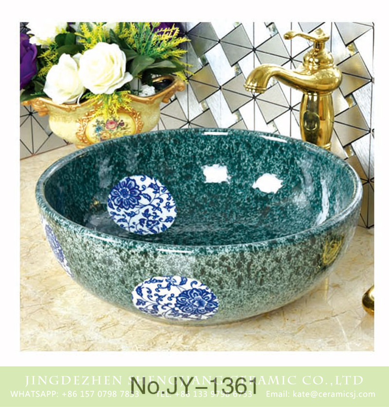 SJJY-1361-42彩金碗盆_10 Large bulk sale high gloss porcelain with blue and white pattern wash basin    SJJY-1361-42 - shengjiang  ceramic  factory   porcelain art hand basin wash sink