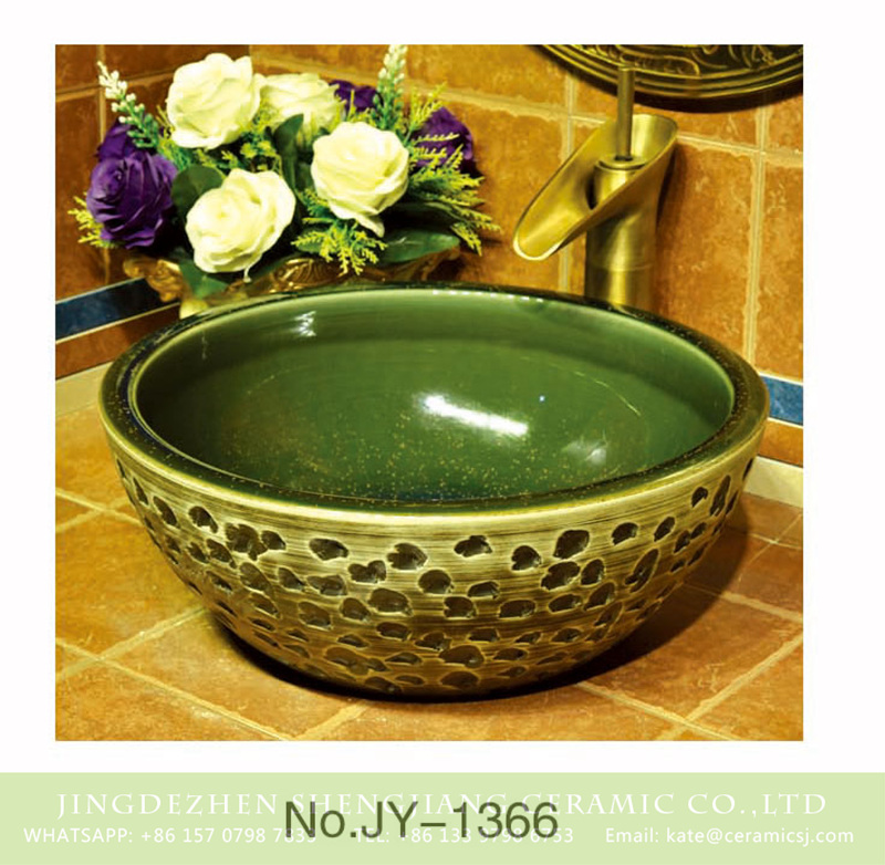 SJJY-1366-42彩金碗盆_15 Shengjiang factory direct green color inner wall and carved knife stroke surface thick edge sink    SJJY-1366-42 - shengjiang  ceramic  factory   porcelain art hand basin wash sink