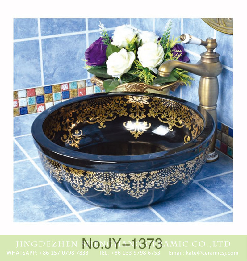 SJJY-1373-43南瓜台盆_10-1 Art black color with gold pattern ceramic smooth thick edge round vanity basin    SJJY-1373-43 - shengjiang  ceramic  factory   porcelain art hand basin wash sink