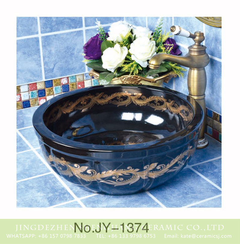 SJJY-1374-43南瓜台盆_11 Pure hand craft high gloss porcelain black thick edge with gold pattern wash sink    SJJY-1374-43 - shengjiang  ceramic  factory   porcelain art hand basin wash sink
