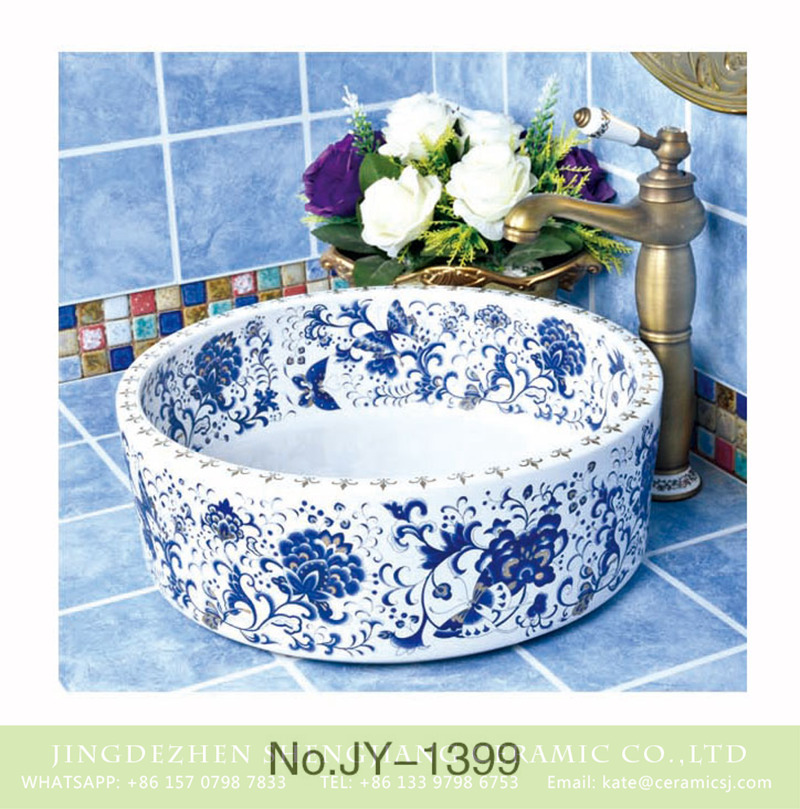 SJJY-1399-45薄口腰鼓盆_12 Porcelain city Jingdezhen produce blue and white wash basin     SJJY-1399-45 - shengjiang  ceramic  factory   porcelain art hand basin wash sink
