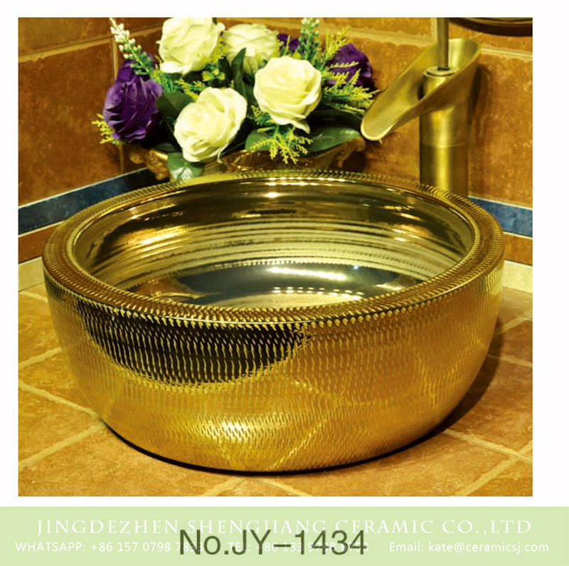 SJJY-1434-49金盆_07 China online sale gold color easy clean waist drum basin     SJJY-1434-49 - shengjiang  ceramic  factory   porcelain art hand basin wash sink