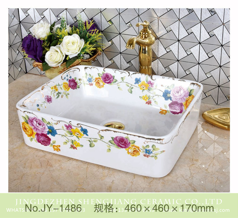 SJJY-1486-56加彩盆_07 Shengjiang factory direct white porcelain and colorful flowers pattern wash sink      SJJY-1486-56 - shengjiang  ceramic  factory   porcelain art hand basin wash sink