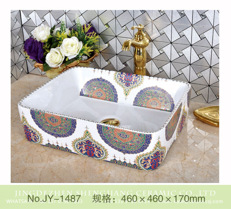 SJJY-1487-56加彩盆_08 India style white ceramic with colorful pattern square sanitary ware       SJJY-1487-56 - shengjiang  ceramic  factory   porcelain art hand basin wash sink
