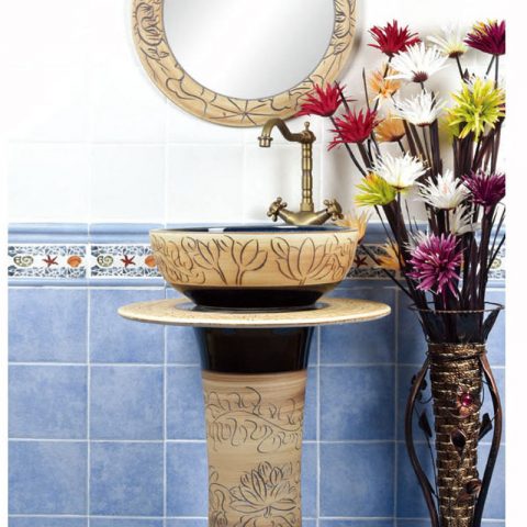 Traditional design wood and black color with hand carved pattern column basin      SJJY-1518-61