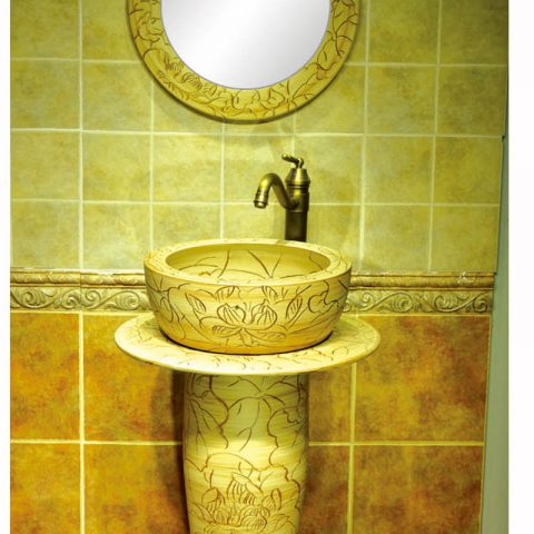 China traditional style hand carved wood color ceramic with flowers pattern pedestal basin       SJJY-1536-64