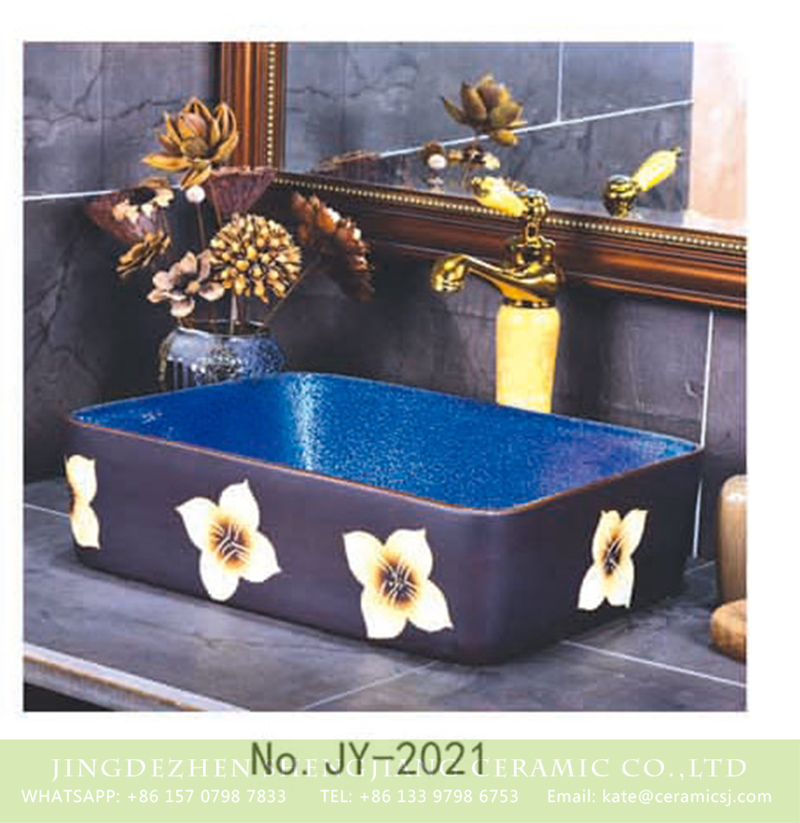 SJJY-2021-5四方台盆_07 SJJY-2021-5  Large bulk sale deep blue inner wall and matte black surface with white flowers wash sink - shengjiang  ceramic  factory   porcelain art hand basin wash sink