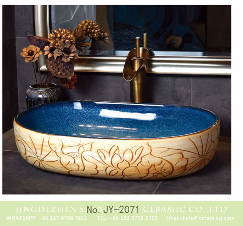 SJJY-2071-10大冬瓜盆_03 SJJY-2071-10  Blue inner wall and hand carved wood surface oval sink - shengjiang  ceramic  factory   porcelain art hand basin wash sink
