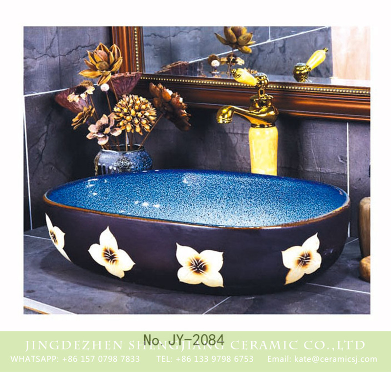 SJJY-2084-12大冬瓜盆_04 SJJY-2084-12  Light blue inside and black surface with flowers pattern sink - shengjiang  ceramic  factory   porcelain art hand basin wash sink