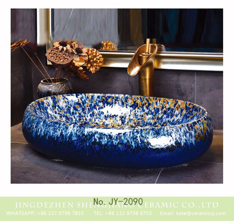 SJJY-2090-13鹅蛋盆_08 SJJY-2090-13   Home decor porcelain blue color glazed oval sink  - shengjiang  ceramic  factory   porcelain art hand basin wash sink