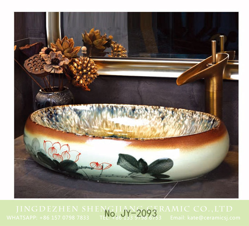 SJJY-2093-14鹅蛋盆_04 SJJY-2093-14   Color glazed ceramic with hand painted oval vanity basin - shengjiang  ceramic  factory   porcelain art hand basin wash sink