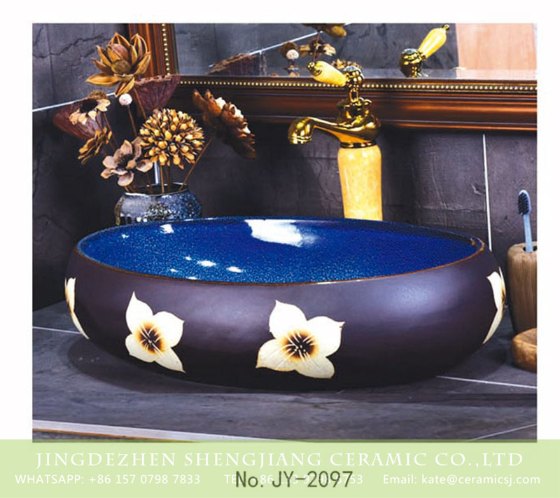 SJJY-2097-14鹅蛋盆_09 SJJY-2097-14  Deep blue inside and hand painted flowers device wash basin - shengjiang  ceramic  factory   porcelain art hand basin wash sink