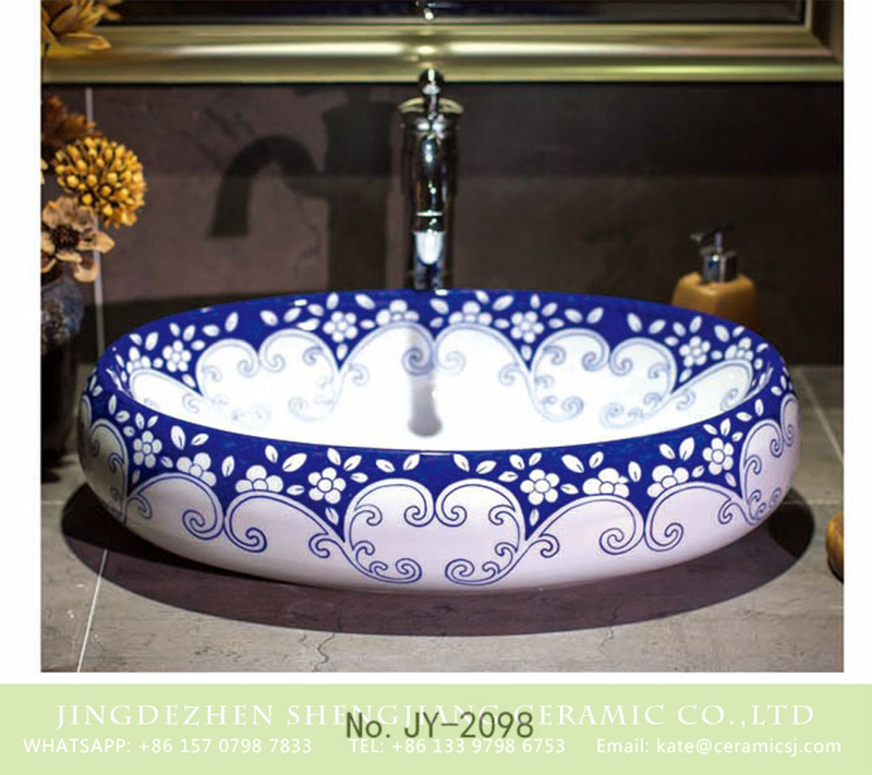 SJJY-2098-15鹅蛋盆_03 SJJY-2098-15  Home decor ceramic blue and white ceramic oval basin - shengjiang  ceramic  factory   porcelain art hand basin wash sink