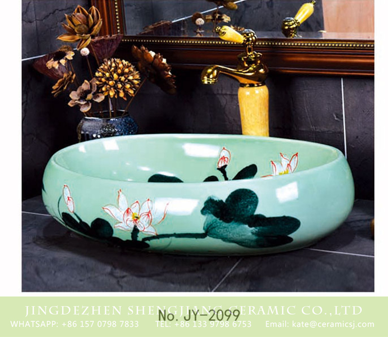 SJJY-2099-15鹅蛋盆_04 SJJY-2099-15   Household turquoise color ink painting oval wash sink - shengjiang  ceramic  factory   porcelain art hand basin wash sink