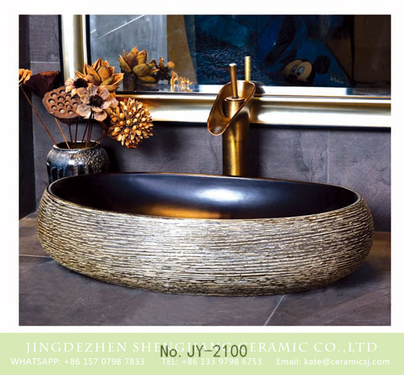 SJJY-2100-15鹅蛋盆_06 SJJY-2100-15  Bathroom matte black inside and hand carved surface durable sink - shengjiang  ceramic  factory   porcelain art hand basin wash sink