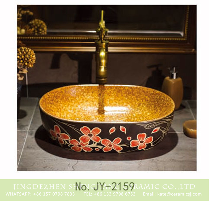 SJJY-2159-21小冬瓜_04 SJJY-2159-21   Black ceramic with red color flowers vanity basin - shengjiang  ceramic  factory   porcelain art hand basin wash sink