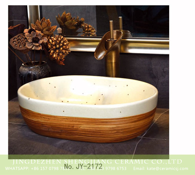 SJJY-2172-22小冬瓜盆_06 SJJY-2172-22   Retro design brown and white ceramic with black dots sanitary ware - shengjiang  ceramic  factory   porcelain art hand basin wash sink