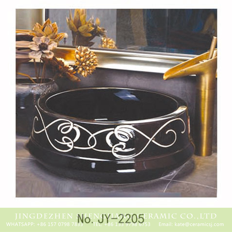 SJJY-2205-25聚宝盆_14 SJJY-2205-25   Hand painted white pattern surface black shiny wash basin - shengjiang  ceramic  factory   porcelain art hand basin wash sink