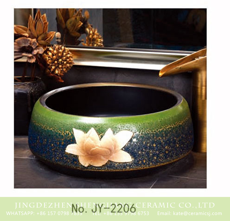 SJJY-2206-25聚宝盆_15 SJJY-2206-25  Pure hand painted green color glazed round wash sink - shengjiang  ceramic  factory   porcelain art hand basin wash sink