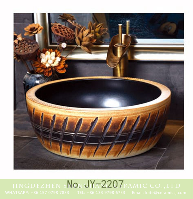 SJJY-2207-26腰鼓形盆_03 SJJY-2207-26   Matte black inside and hand carved outside round wash sink - shengjiang  ceramic  factory   porcelain art hand basin wash sink