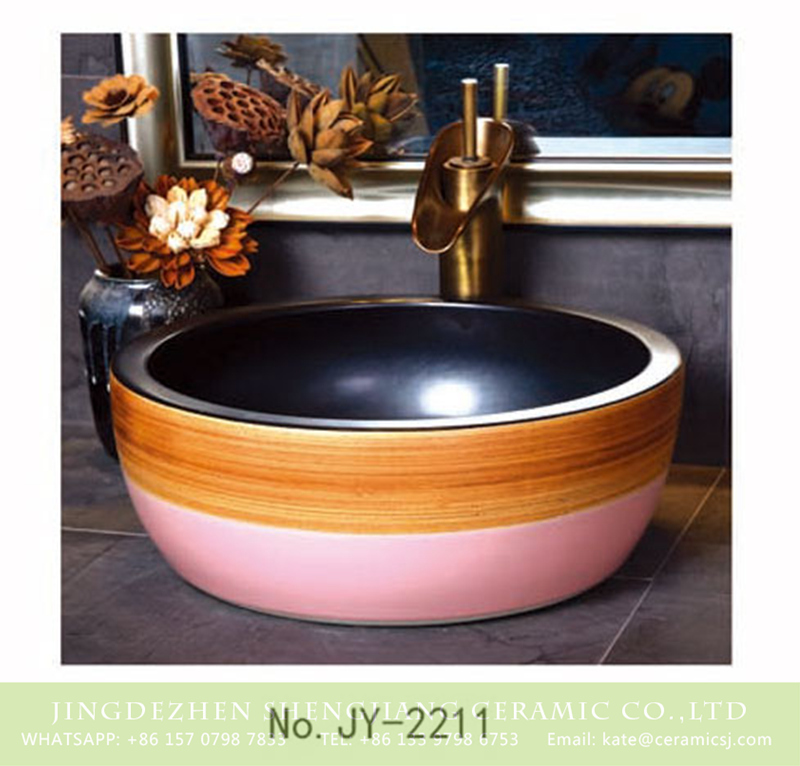 SJJY-2211-26腰鼓形盆_08 SJJY-2211-26   Famille rose outside and matte black inner wall  sanitary ware - shengjiang  ceramic  factory   porcelain art hand basin wash sink