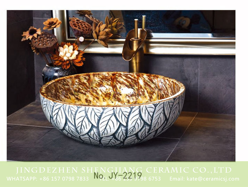 SJJY-2219-27碗形盆_03 SJJY-2219-27   Hand carved leaf pattern art wash sink - shengjiang  ceramic  factory   porcelain art hand basin wash sink