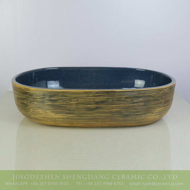 sjbyl-6001-（大椭圆）花釉黄底线条 sjbyl-6001   Shengjiang factory produce porcelain handmade oval wash basin - shengjiang  ceramic  factory   porcelain art hand basin wash sink