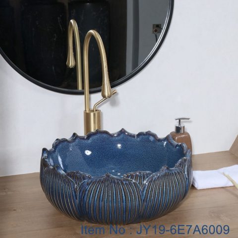 JY19-6E7A6009 Wholesale artistic color glazed flower shape oval bathroom ceramic washbasin